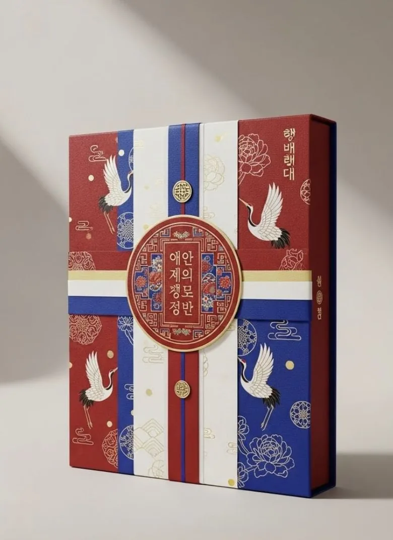 The NAEMO box: red and indigo packaging printed with cranes and a gold medallion.