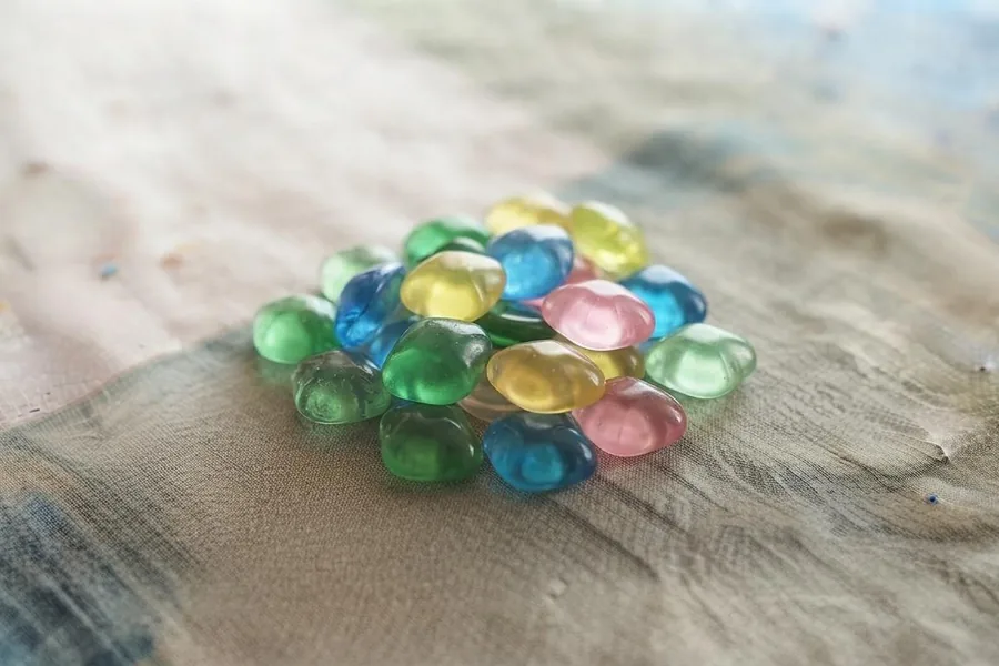 A small pile of coloured glass gonggi stones.