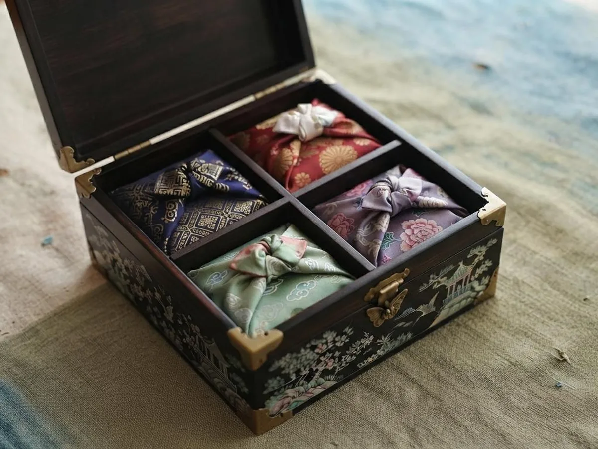 An open mother-of-pearl lacquer box holding four silk bojagi bundles in blue, red, green and lilac.